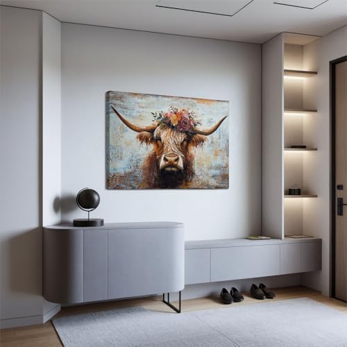 Canvas Wall Art Decor Modern Wall Art Picutures for Living Room Artwork for Wall Decor Vintage Wall Art Decor Highland Cow Wall Art Prints Artwork for Walls Home Bedroom Office Decorations 32" X 48" by TQJYILUFAART