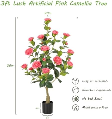 Nafresh 3FT Lush Artificial Pink Camellia Tree Outdoor 2 Pack, 36inch Faux Camellia Plant, Fake Camellia Flowers Tree for Indoor Outdoor Living Room Home Patio Front Door Garden Decor - Image 5