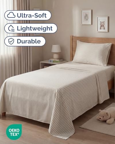 Twin Size 3 Piece Sheet Set - Breathable & Cooling Sheets - Beige Stripes - Image 2