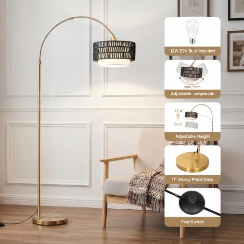 Arc Floor Lamp for Living Room with 12W Bulb,61.5"-72.4" Height Adjustable Rattan Floor Lamps with 3 Color Temps, Farmhouse Arched Standing Lamp,Boho Floor Lamp, Arched Floor Lamps for Bedroom, Office - Image 6
