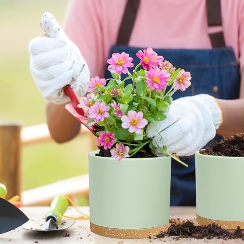 Meowell 8/7/6 inch Plant Pots, 3 Pack Cylinder Flower Pots for Outdoor Indoor Plants, Decorative Plastic Planters with Drainage Holes and Saucers for Garden House Plants, Green with Brown - Image 3