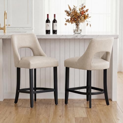 UVV Bar Stools Set of 2, Modern Upholstered Counter Height Bar Stools, Faux Leather Counter Stools BarStools with Wood Legs for Kitchen Island Dining Room Bar, Beige by UVVLivetheQualityLife