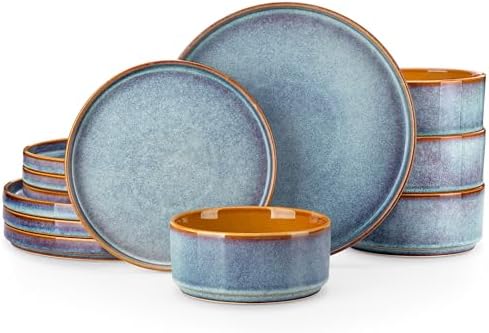 vancasso ONION Ceramic Plates and Bowls Sets for 4, 12 Pieces Stoneware Dinnerware Sets, Reactive Glaze Dishes Set for Kitchen, Dishwasher and Microwave Safe, Blue by vancasso