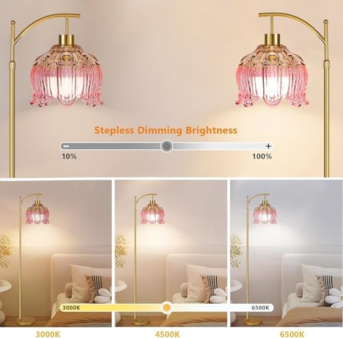 ILLMTW Pink Floor Lamp for Living Room,Bedroom,Glass Mid Century Modern Standing Lamp with Remote,Dimmable Gold Brass Tall Lamp Tulip Flower Arc Floor Light Boho Bohemian - Image 2
