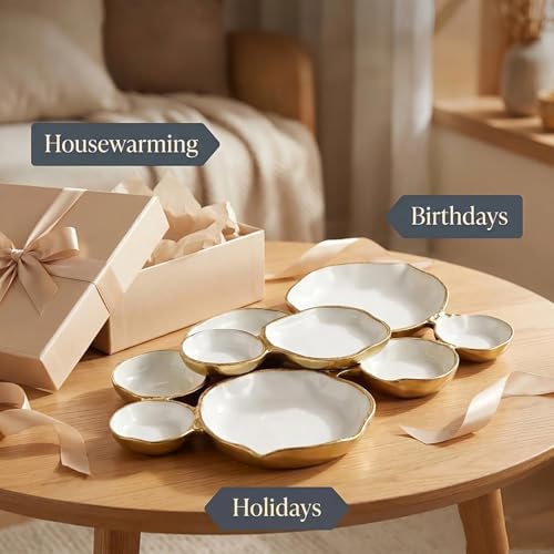 Clustered Serving Bowl, Nine-Grid Design Gold Charcuterie Tray, Elegant Snack Platter, Multipurpose Entertaining Centerpiece for Parties, Appetizers, Nuts, Fruit (White) - Image 4