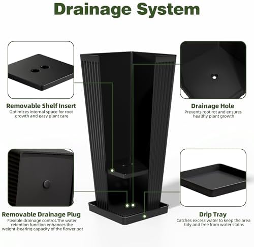 Square Tall Planters for Outdoor Plants with Tray - 24" Black 2Pack - Image 3