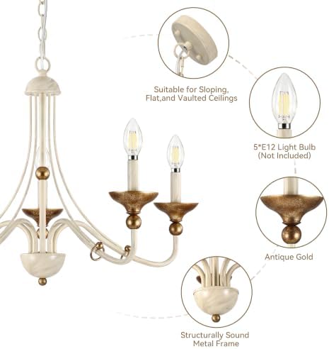 Sigaitwei 5‑Light French Country Candle Chandelier, Distressed Off‑White with Antique‑Gold Accents, Pendant Hanging Light Fixture for Dining Room, Foyer, Bedroom, E12 Base - Image 7