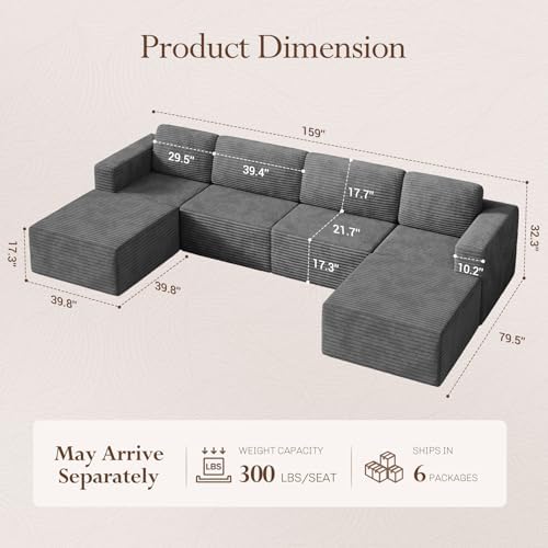 Vesgantti 159" Large Modular Sectional Sofa, U-Shaped Corduroy Cloud Couch with Deep Seats & Spring Support, 4-Seater Boneless Sofa with 2 Movable Ottomans, No Assembly Needed, Grey - Image 2
