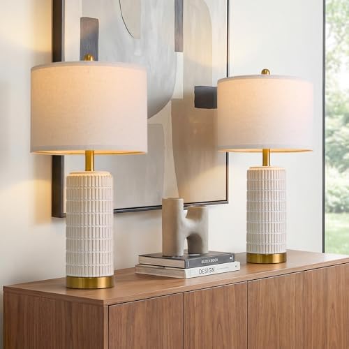 PoKat 25'' Modern Table Lamps Set of 2 for Living Room with Gold Base, White Farmhouse Bedside Lamps for Bedroom, Nightstand Lamps for Office End Table Hallway Home Decor Gift, Beige and White by Pokat