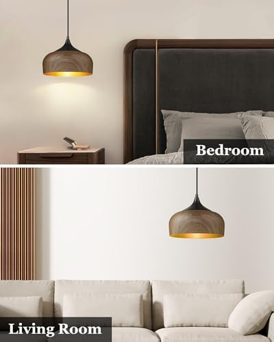 ELYONA Modern Bauhaus Pendant Light Walnut Wooden Pattern Dome Pendant Light Fixture Matte Black Metal Gold Inner Adjustable Hanging Lighting for Kitchen Island Dining Room Office Hallway Bedroom - Image 6