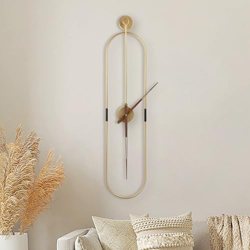 DRELIFAM Modern Oval Wall Clock Large Wall Clock with Walnut Pointers for Living Room Home Decor Bedroom Kitchen Office (Oval Gold, Large) by DRELIFAM