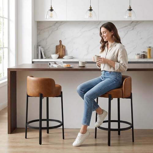 LukeAlon Modern PU Leather Counter Height Stools Set of 2, Upholstered 26" Seat Height Barstools with Black Metal Legs Round Low Back Kitchen Stools with Footrest for Dining Room Small Places, Brown - Image 5