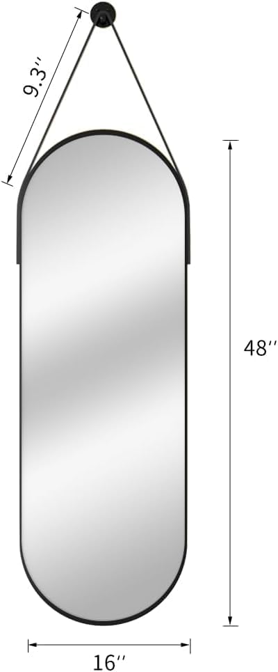 48"x16" Hanging Mirror Full Length with Leather Strap,Oval Full Length Mirror Wall-Mounted Hanging Mirrors for Bathroom Vanity Living Room Bedroom Entryway Décor, Black - Image 5