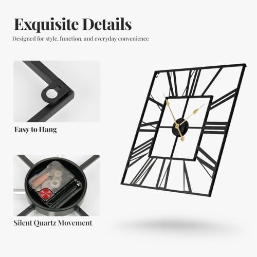 Cuspin 24 Inch Square Wall Clock, Large Black Metal Roman Numeral Clock - Image 5