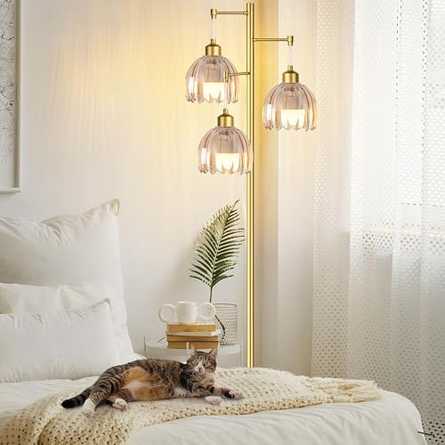 QIYIZM Gold Floor Lamp for Living Room,Bedroom,Tree 3 Light Standing Lamp Mid Century Modern Brass Tall Floor Lamps Vintage Retro Floor Lights Glass Flower Amber Lamp Shade Farmhouse Boho Bohemian - Image 2