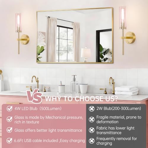 Shenmoyl Battery Operated Wall Sconces Set of 2, Gold Rechargeable Wall Lighting Fixtures, Dimmable Wall Lights with Remote & Pink Glass Shade for Living Room, Bathroom,Bedroom - Image 4