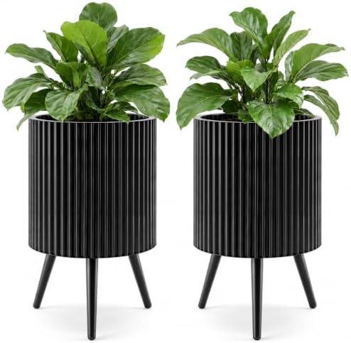 GIANTEX 14 Inch Plant Pot w/Stand Set 2, Mid-Century Modern Fluted Planter by Giantex