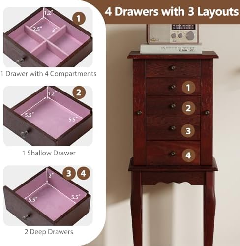 GIANTEX Standing Jewelry Armoire Cabinet with 4 Drawers, Flip Top Mirror, Top Storage Compartments, 2 Side Doors with 8 Necklace Hooks, Freestanding Jewelry Organizer Box Chest (Walnut) - Image 3