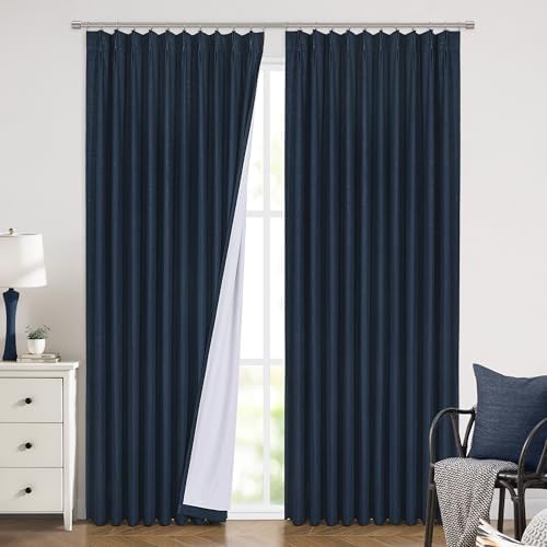 Vision Home Navy Blue Pinch Pleated Full Blackout Curtains Linen Blended Room Darkening Window Curtains 112 inch for Living Room Bedroom Thermal Insulated Pinch Pleat Drapes with Hooks 60" Wx112 Lx1 - Image 2