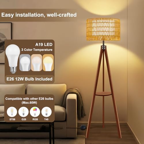 Boho Rattan Floor Lamp with Shelf & Bulb Included, Wicker Tripod Floor Lamp 3 Color Temperatures, Wood Rustic Tall Lamps with Foot Switch, Walnut Boho Standing Lamps for Living Room Bedroom - Image 5