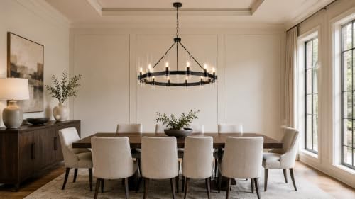 38 Inch Black Wagon Wheel Chandelier with Glass Shade, 12 Lights, Modern Farmhouse Style, Ideal for Dining Room, Kitchen, Entryways - Image 4