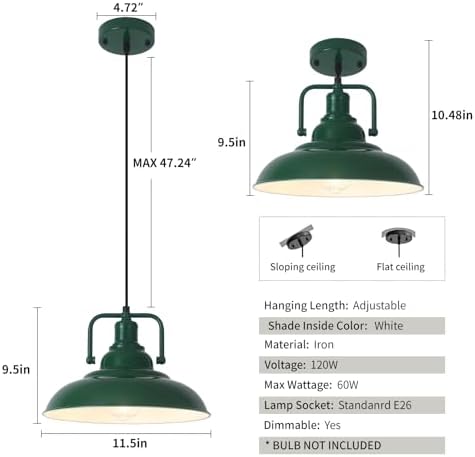 Farmhouse Pendant Light, 12.5inch, 2 Packs Green Kitchen Pendant Lights, Modern Pendant Lights, Pendant Lights Kitchen Island, Pendant Light for Bedroom, Office, Kichen Sink, Library - Image 6