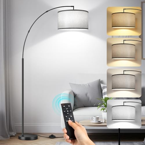 OUTON 81" Arc Floor Lamp, 12W 1080LM LED Dimmable Floor Lamp with 16" Gray Lampshade, Remote Control & Foot Switch, 4 Colour Temperatures, Tall Standing Lamp for Living Room Bedroom Office, Black by OUTON