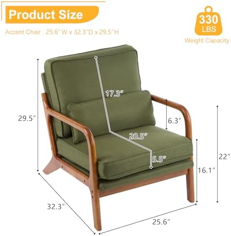 Bonnlo Dark Green Linen Mid Century Modern Accent Chair, Soild Wood Padding Lounge Armchairs Side Sitting Chairs for Living Room, Bedroom, Guest Room - Image 2