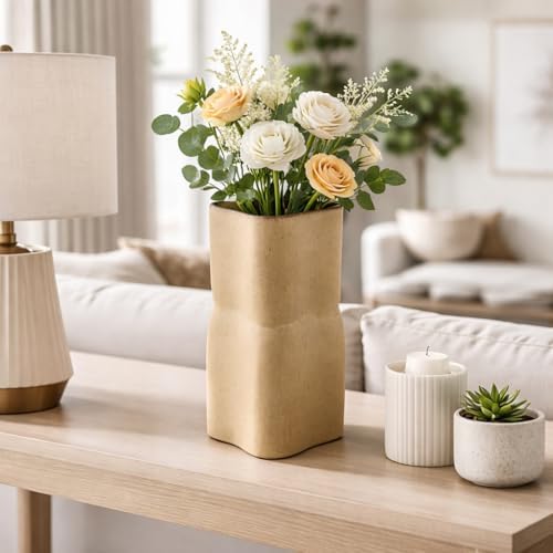 Modern Hourglass Vase for Home Decor - Ceramic Earthenware for Bathroom, Bedroom, Kitchen, and Living Room Styling - Flower Pot Accent for Office Shelf, Console, and Mantel Display - 12", Tan - Image 2