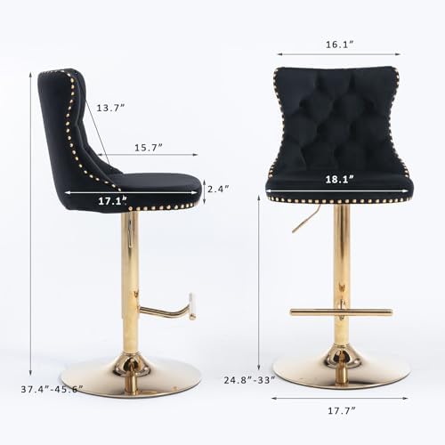 SoarFlash Velvet Bar Stool Set of 6, Adjustable Swivel Bar Stools with Gold Plated Metal Leg, Button Tufted, Footrest, Chrome Nailhead, Counter Height Chair for Kitchen, Bar, Dining Room (Black) - Image 2