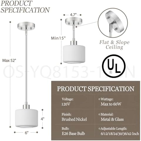 Milk Glass Pendant Lights Kitchen Island 2 Pack, Modern Brushed Nickel Hanging Light Fixtures with Rods, Mini Kitchen Pendant Lighting Over Island for Sink Bathroom, OS-YQ8153-2PBN - Image 3