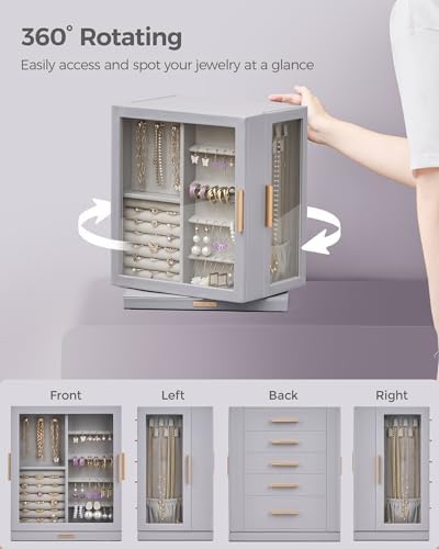 Glimmloop 360° Rotating Jewelry Box with 5 Drawers, Spacious Vertical Jewelry Organizer with Glass Window, Jewelry Storage Case, Dustproof & Moisture-resistant Design, Grey - Image 4