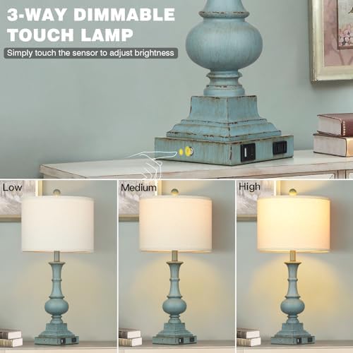 Farmhouse Table Lamps Set of 2, 26" Vintage Rustic Touch Control 3-Way Dimmable Bedside Lamp with USB A+C Ports & AC Outlet, Blue Nightstand Lamp for Living Room Bedroom End Table(LED Bulbs Included) - Image 4