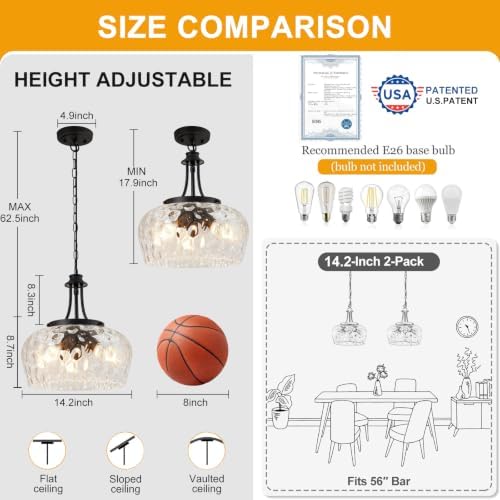 Modern Pendant Lights Kitchen Island, 3-Light Black Pendant Light Fixtures with 14.2" Clear Hammered Glass Shade, Industrial Hanging Pendant Lights Fixture for Kitchen Island, Dining Room, Entryway - Image 5