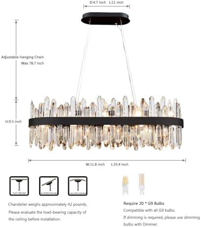 Black Oval Crystal Chandelier L35.4 inch, 20-Lights Chandeliers Modern Crystal Chandelier Pendant Light Fixture G9 Lights Pendant Ceiling Light for Dining Living Room Kitchen Island - Image 2