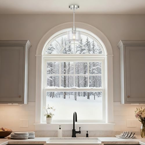 Brushed Nickel Pendant Lights Kitchen Island, 1-Light Modern Clear Glass Hanging Light Fixtures with Rods, Mini Kitchen Pendant Lighting Over Island for Sink Bathroom, OS-YQ8153-1PBNC - Image 4