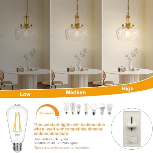 Plug in Pendant Lights Kitchen Island, Modern Brushed Gold Pendant Light Fixtures with 10" Clear Hammered Glass Shade, Industrial Hanging Pendant Lights Fixture for Kitchen Island Dining Room Entryway - Image 6