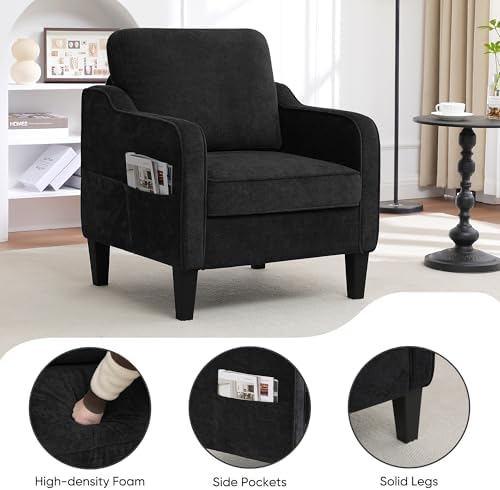Accent Chair for Living Room, Mid Century Modern Reading Chair for Bedroom, Upholstered Armchair with Side Pockets, Comfy Single Sofa Side Chair for Office, Apartment, Small Room, Black - Image 4