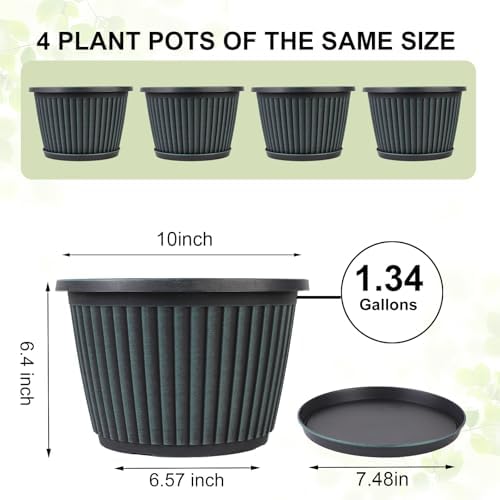 Myfeegoin Planter-Pots-for-Plants-Indoor-Outdoor, 4 Pack 10 Inch Plastic Flower Pots with Saucer & Drainage Holes, Modern Garden Planters for Planting Medium Large Plants，Decorative Resin Garden Pots - Image 4