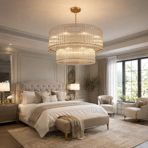 48-Inch Ripple Glass Chandelier, 3-Tier 20-Light Large Brass Round Chandelier for Dining Rooms, Living Rooms, Foyers, Staircases, Open-Concept Spaces & High Ceilings - Image 6