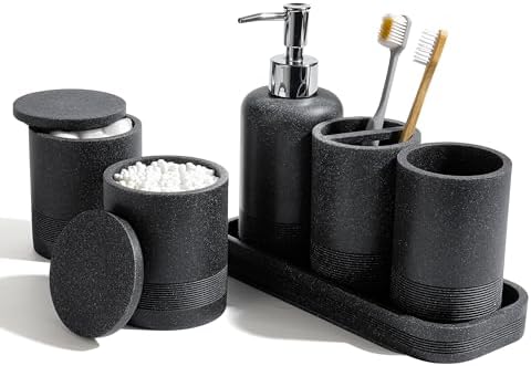 Bathroom Accessories Set, 6-Piece Bathroom Accessory Set, Toothbrush Holders Set, Soap Dispenser, Vanity Tray, Tumbler, Cotton Swab Jars, Bathroom Organizer for Modern Bathrooms(Black) by YMXYJM