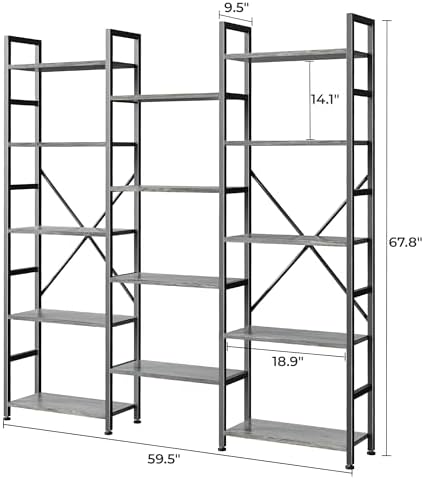 SUPERJARE Triple Bookshelf, Bookcase with 14 Open Display Shelves, Wide Book Shelf Book Case for Home & Office, 5 Tier, Grey - Image 3