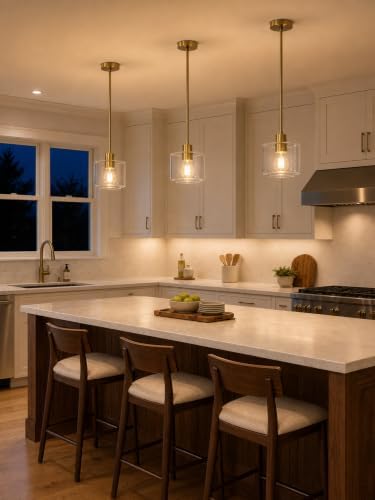 Brushed Gold Pendant Lights Kitchen Island, 1-Light Modern Clear Glass Hanging Light Fixtures with Rods, Mini Kitchen Pendant Lighting Over Island for Sink Bathroom, OS-YQ8153-1PBGC - Image 6
