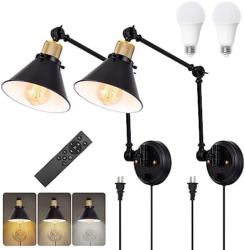 TRLIFE Dimmable Wall Sconce, Remote Control Plug in Wall Sconces Dimming 10%-100% and Adjustable Color Temperature 2700K-6000K, Swing Arm Wall Lights with Plug in Cord, UL Listed(2 Pack, 2 Bulbs) by TRLIFE