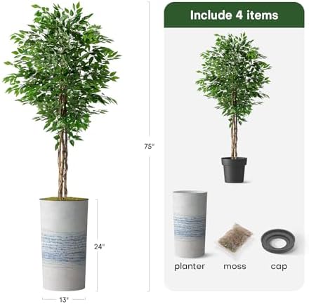 Artificial Tree in Blue Gray Industrial Line Pattern Planter, Fake Ficus Silk Tree for Indoor and Outdoor Home Decoration - 75" Overall Tall (Plant Pot Plus Tree) - Image 3