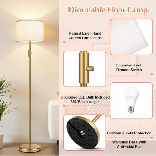 【Upgraded】 Dimmable Gold Floor Lamps for Living Room, 9W LED Bulb Included, Modern Standing Lamp with White Lamp Shade, Tall Pole Light for Bedroom Reading Office Corner Nursery - Image 4