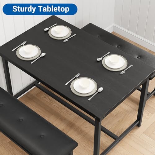 GarveeHome Dining Table Set for 4, Kitchen Table with 2 Upholstered Benches, Wood Kitchen Dining Room Set, for Small Space, Apartment, Home, Dinner, Retro Black - Image 5