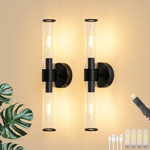 Morauroral Black Battery Operated Wall Sconces Set of 2, Rechargeable Wall Lights with Remote, 20 Inch Modern Wireless Wall Lamp for Bedroom, Living Room with Glass Shade (Bulbs Included) by Morauroral