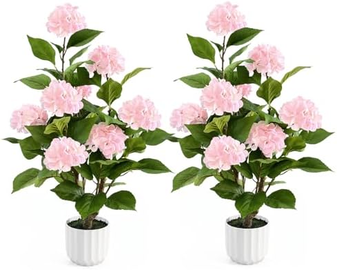 3FT Artificial Hydrangea Tree 2 Pack, Realistic Faux Hydrangea Plants in Pot with Pink Flowers, Lifelike Faux Greenery Home Indoor Outdoor Front Porch Garden or Wedding, Pink by Datietiao