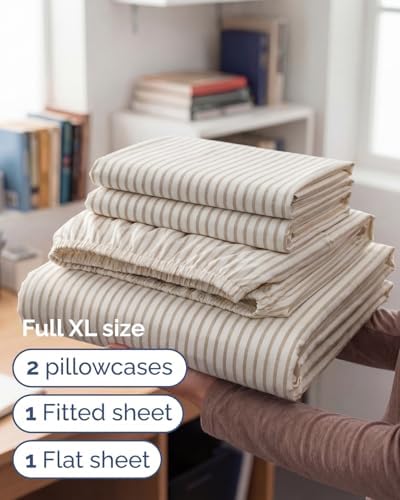 Full XL Sheets - 4 Piece Full XL Sheet Set - Soft & Cooling - Beige Stripes - Image 3